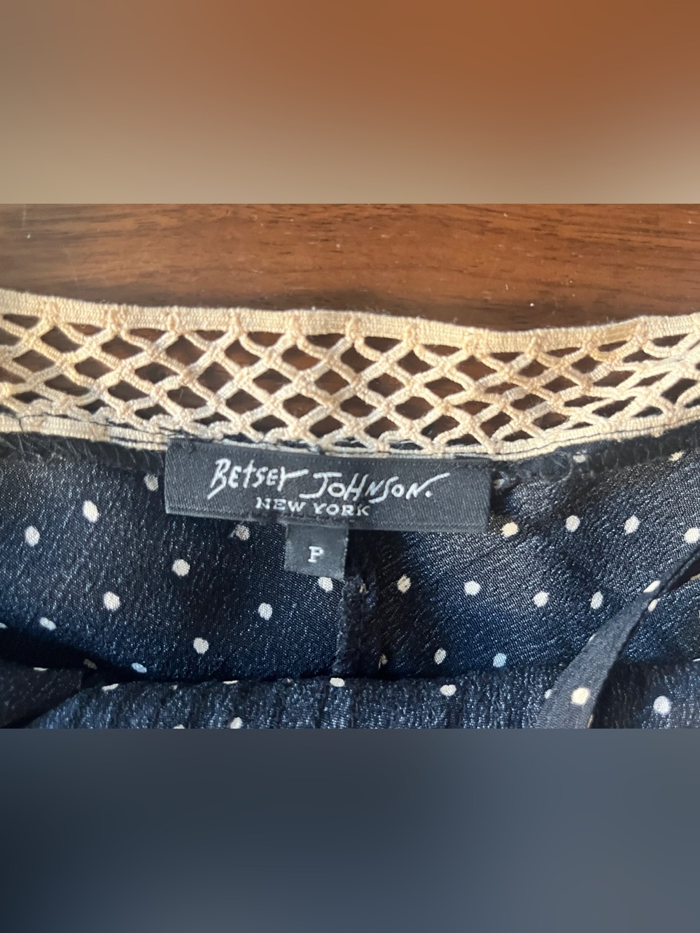 Betsey Johnson Black Polka Dot Slip Dress with Beige Lace Trim Petite - Picture 5 of 6